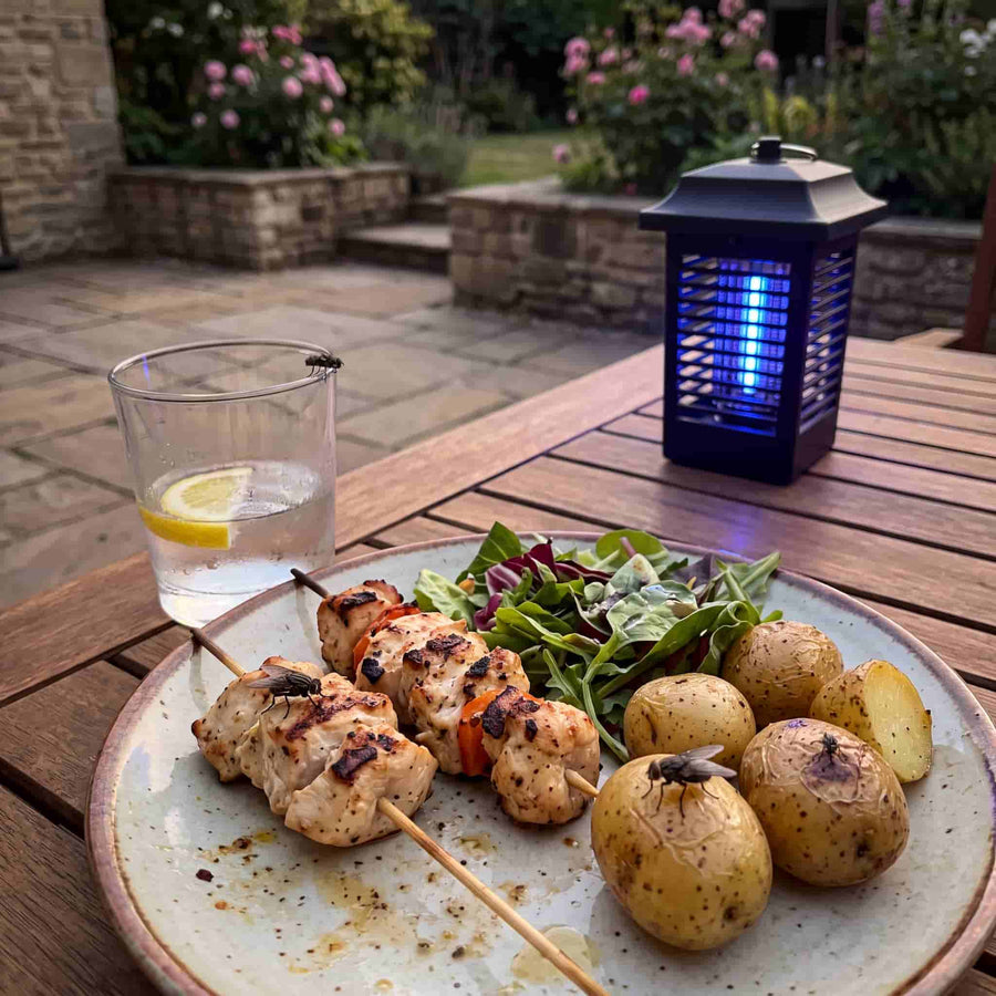 A glowing bug zapper on a patio table while flies land on the food